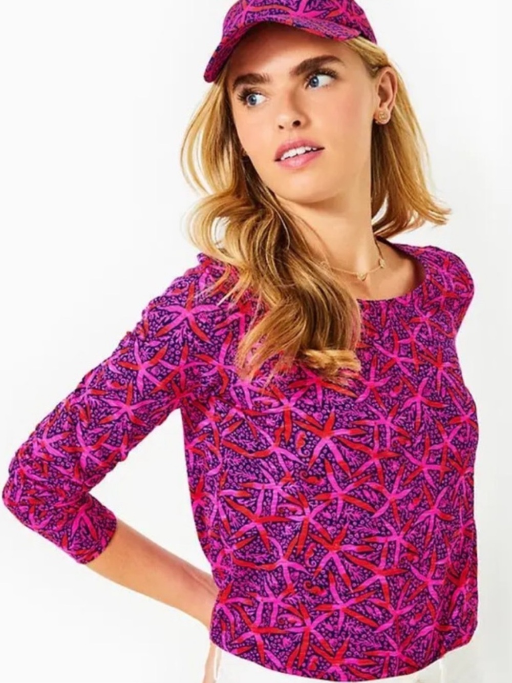 Lilly Pulitzer Passion Fruit Pink Star Searching Etta Long Sleeve Shirt-Large